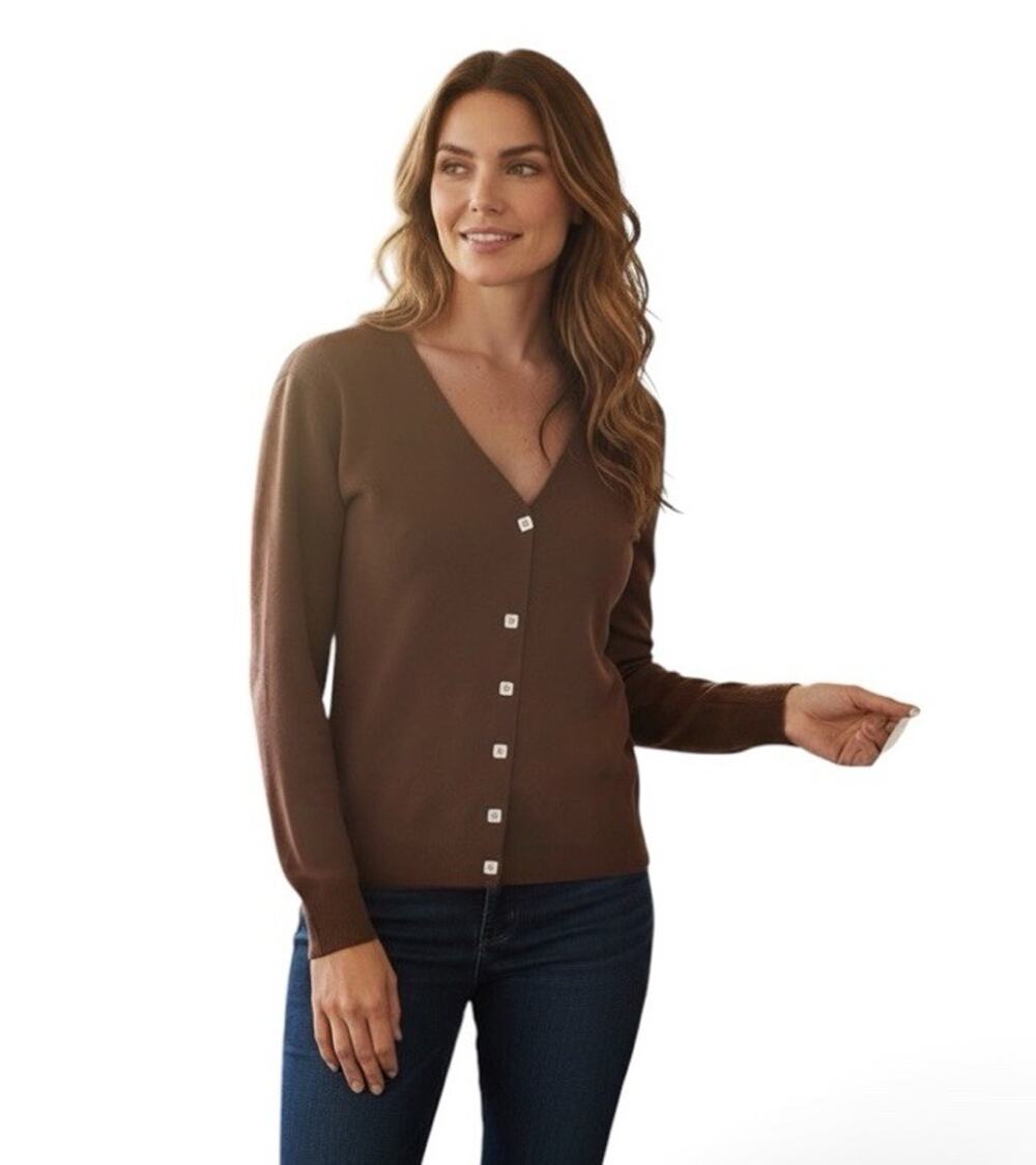 JAC Cardigan Sweater Large Brown Knit Button Front MOP Buttons Y2K Vintage Chic